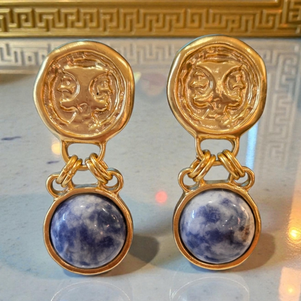 18k Gold Plated Sodalite Cabochon Janus Coin Dangle Earrings